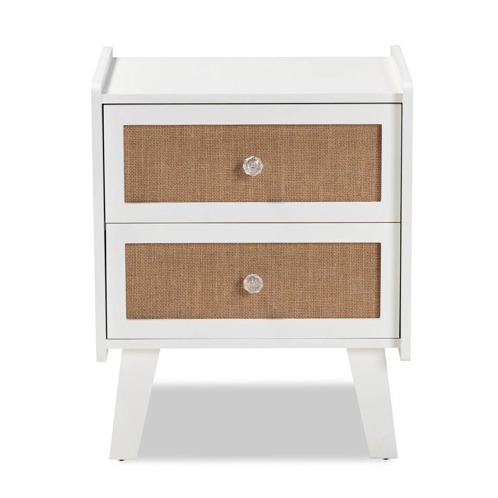 Balta Mid-Century Modern Transitional Oak Brown Rattan and White Finished Wood 2-Drawer Nightstand FredCo