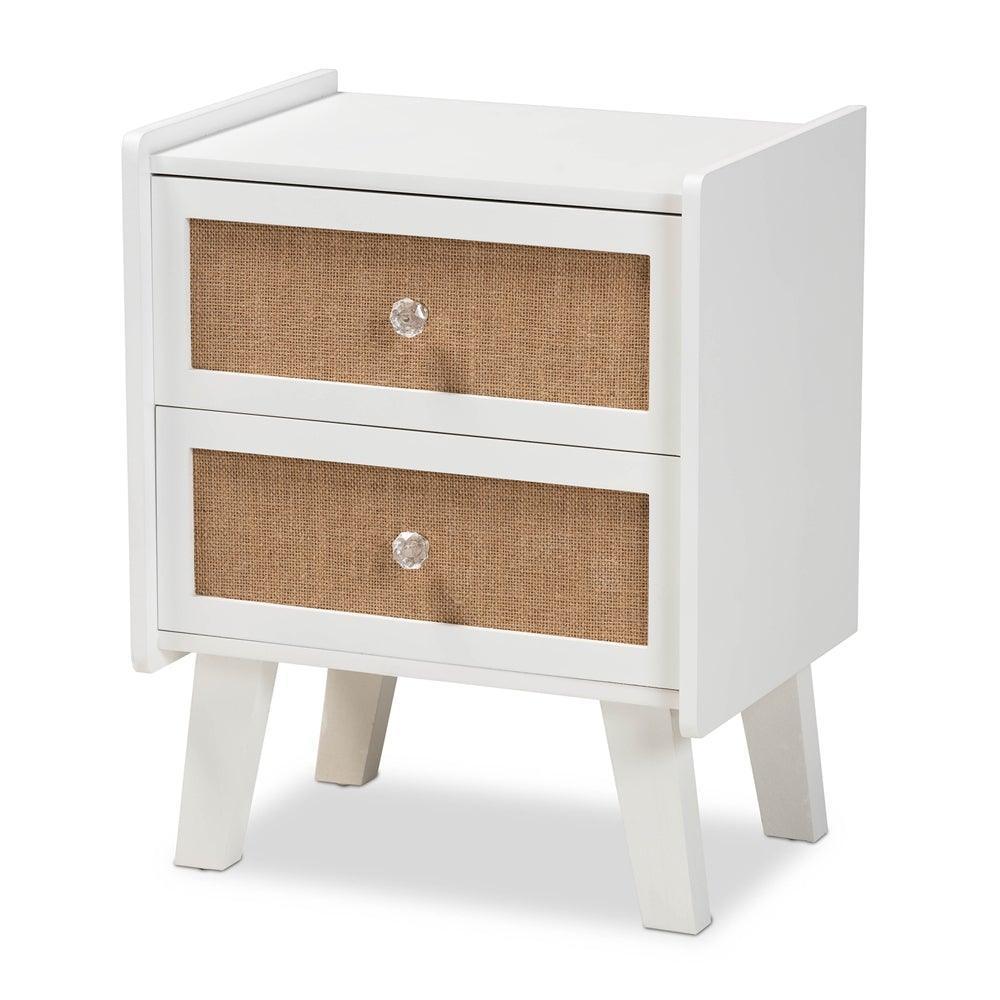 Balta Mid-Century Modern Transitional Oak Brown Rattan and White Finished Wood 2-Drawer Nightstand FredCo
