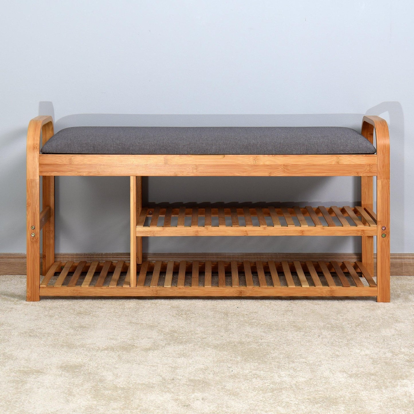 Bamboo Storage Bench，Entryway 3 Shelves Bench with FredCo