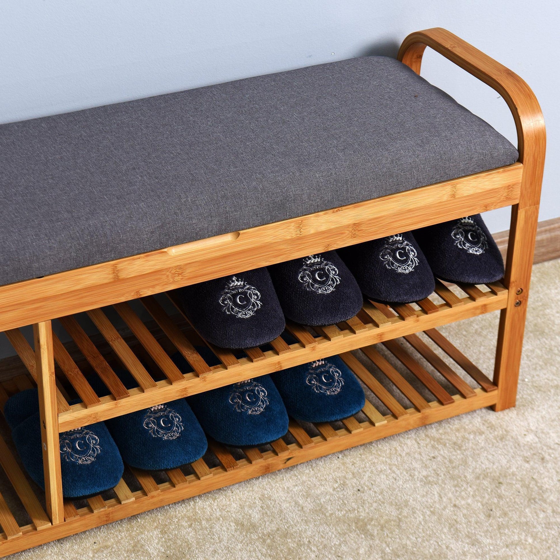 Bamboo Storage Bench，Entryway 3 Shelves Bench with FredCo