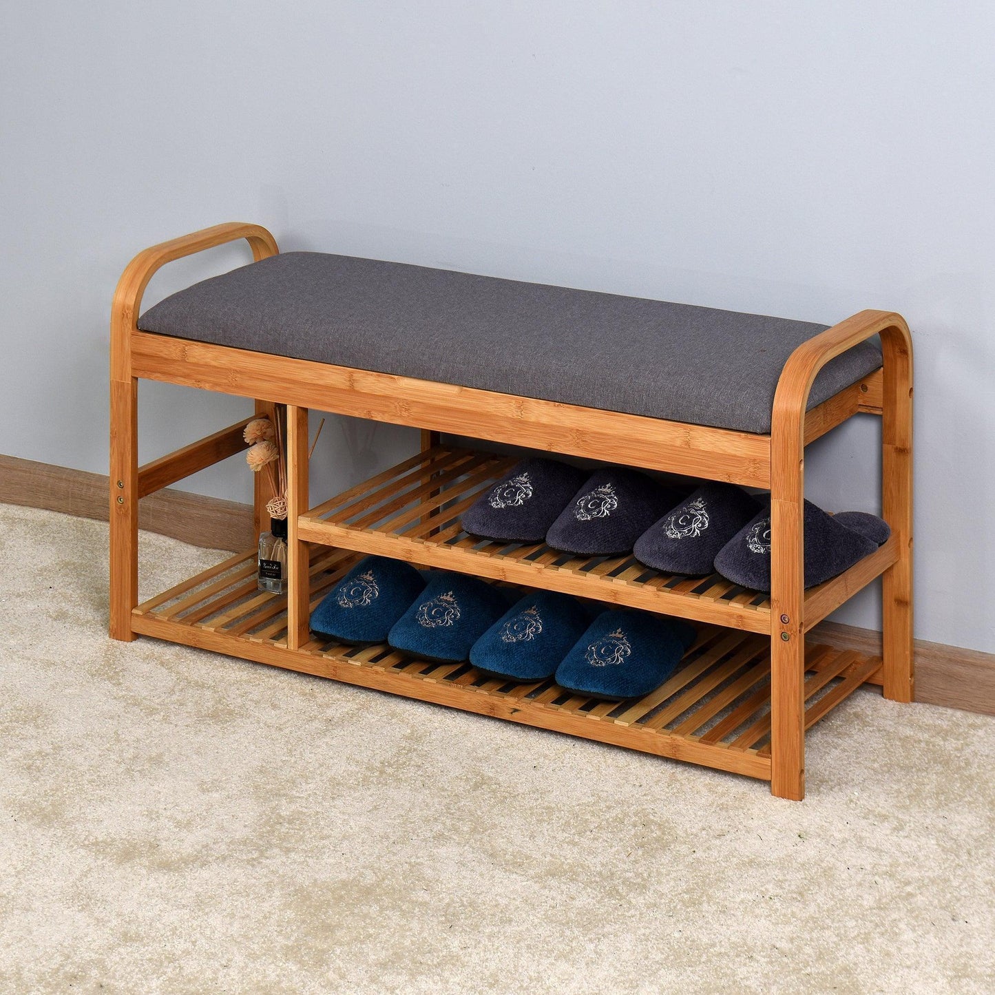 Bamboo Storage Bench，Entryway 3 Shelves Bench with FredCo