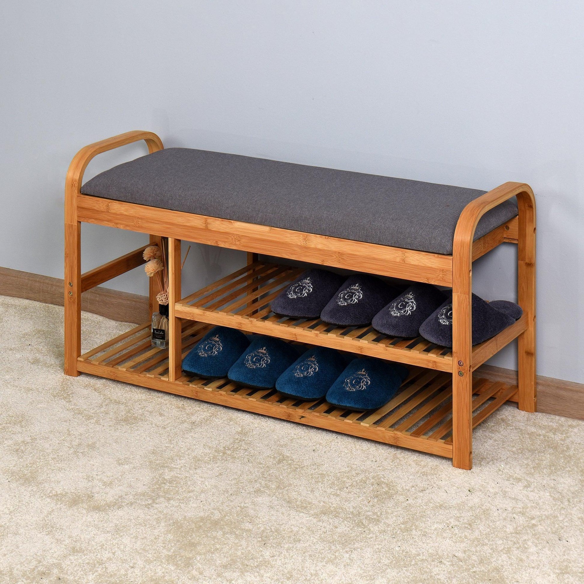 Bamboo Storage Bench，Entryway 3 Shelves Bench with FredCo
