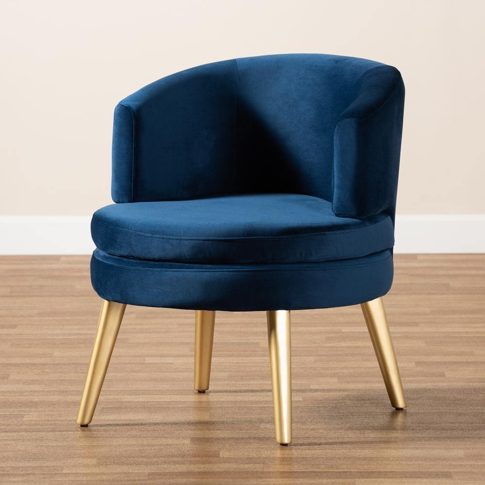 Baptiste Glam and Luxe Navy Blue Velvet Fabric Upholstered and Gold Finished Wood Accent Chair FredCo
