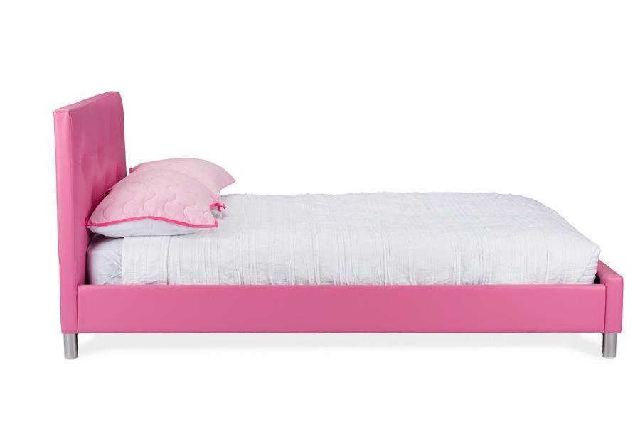 Barbara Pink Leather Modern Full Size Bed with Crystal Button Tufting FredCo
