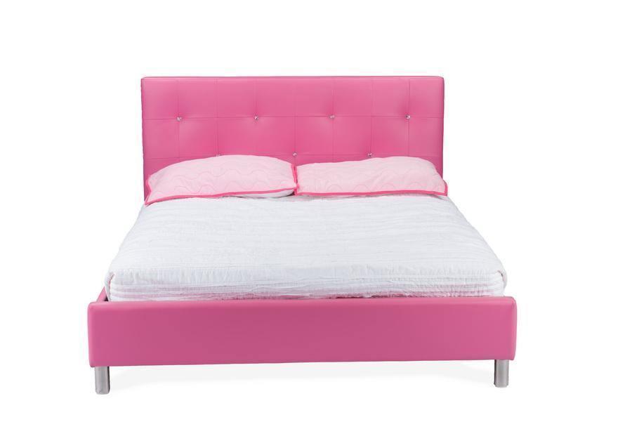 Barbara Pink Leather Modern Full Size Bed with Crystal Button Tufting FredCo