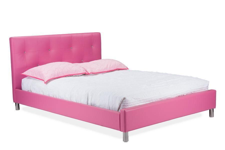 Barbara Pink Leather Modern Full Size Bed with Crystal Button Tufting FredCo