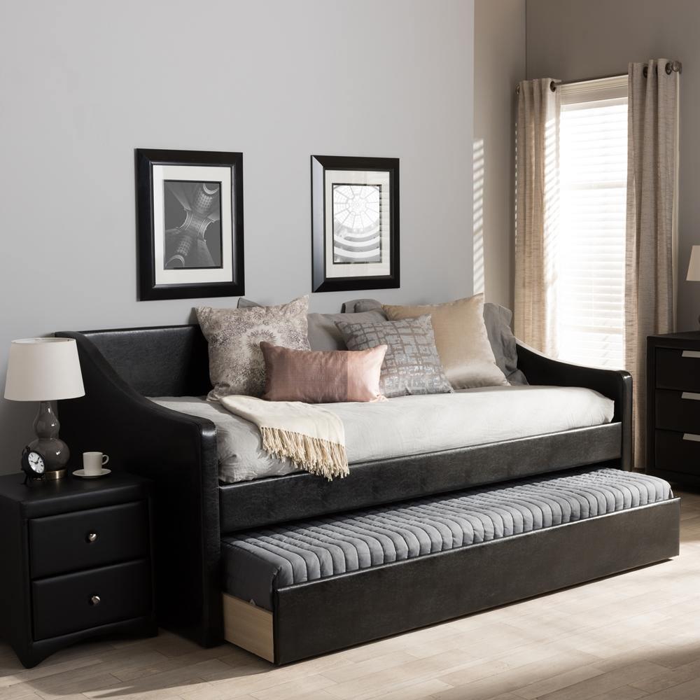 Barnstorm Modern and Contemporary Black Faux Leather Upholstered Daybed with Guest Trundle Bed FredCo