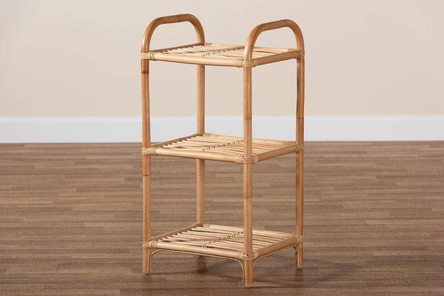 Barras Modern Bohemian Natural Brown Finished Rattan 3-Tier Display Shelf FredCo