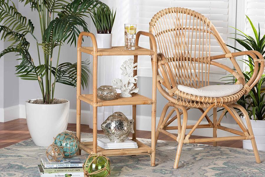 Barras Modern Bohemian Natural Brown Finished Rattan 3-Tier Display Shelf FredCo