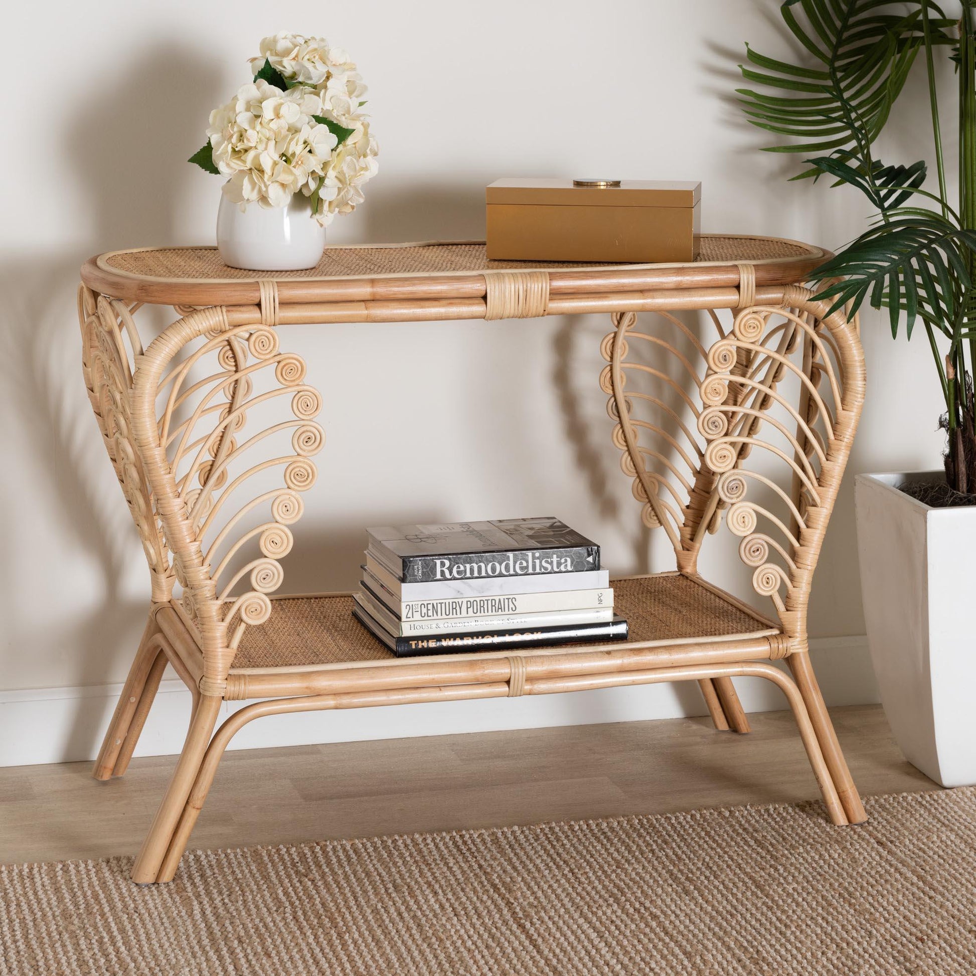 Bastet Modern Bohemian Natural Brown Rattan 2-Tier Console Table FredCo