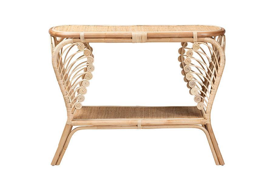 Bastet Modern Bohemian Natural Brown Rattan 2-Tier Console Table FredCo