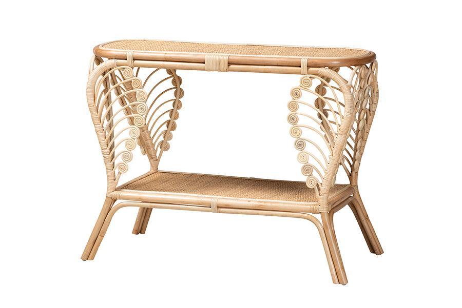 Bastet Modern Bohemian Natural Brown Rattan 2-Tier Console Table FredCo