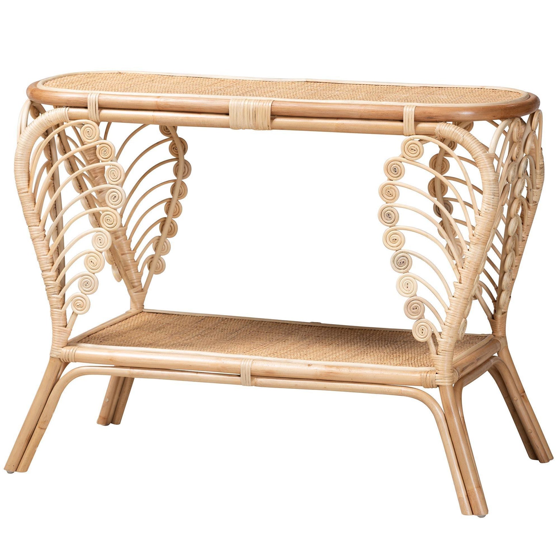 Bastet Modern Bohemian Natural Brown Rattan 2-Tier Console Table FredCo