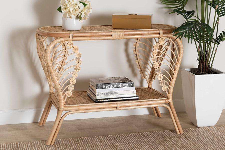 Bastet Modern Bohemian Natural Brown Rattan 2-Tier Console Table FredCo