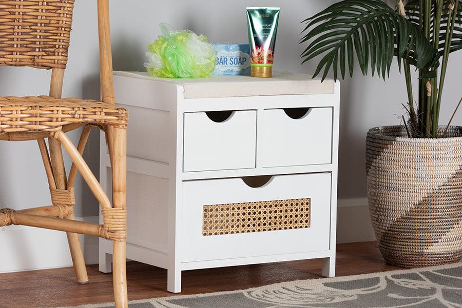 Bastian Modern and Contemporary Light Beige Fabric and White Finished Wood 3-Drawer Storage Bench with Natural Rattan FredCo
