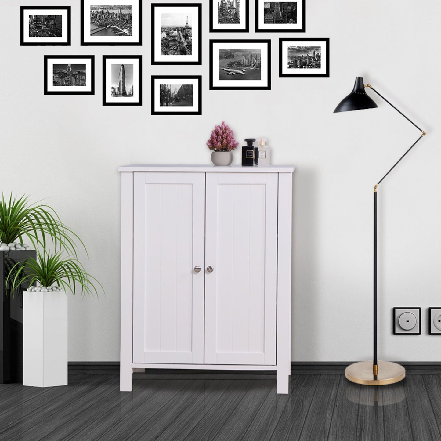 Bathroom Floor Storage Cabinet with Double Door Adjustable Shelf, White FredCo