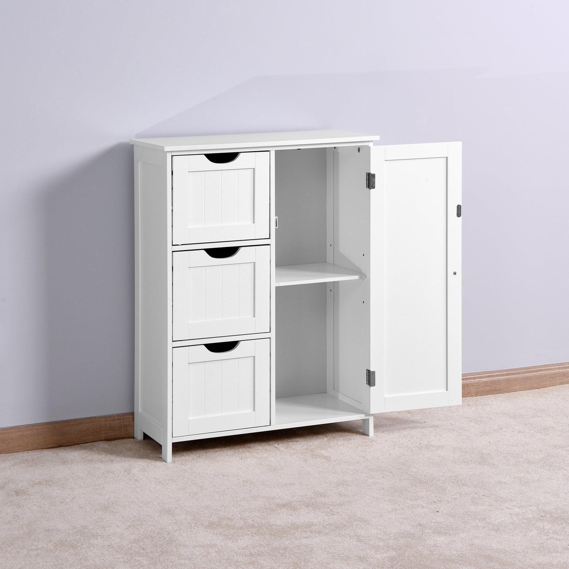 Bathroom Storage Cabinet, White Floor Cabinet with 3 Large Drawers and 1 Adjustable Shelf FredCo