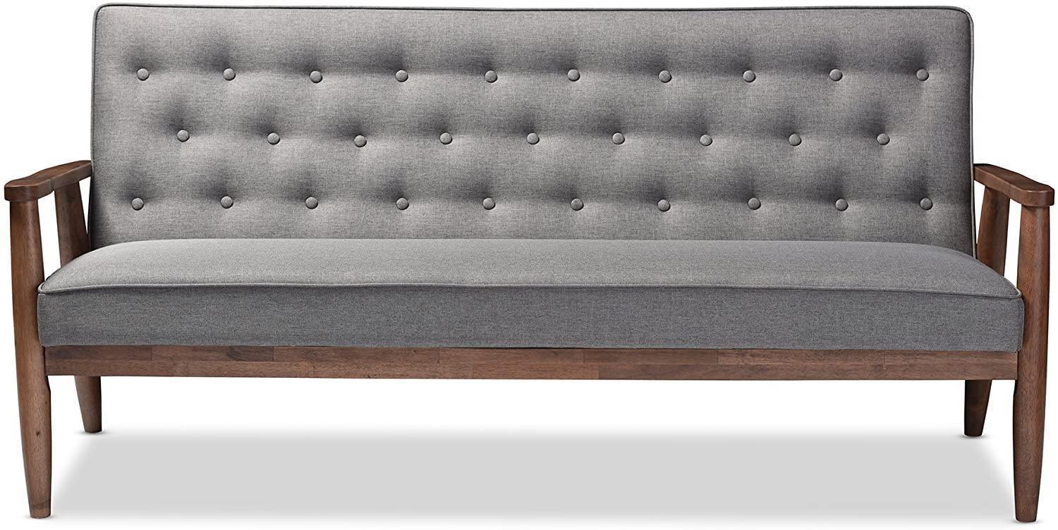 Baxton Studio Sorrento Mid-Century Retro Modern Fabric Upholstered Wooden 3-Seater Sofa, Grey FredCo