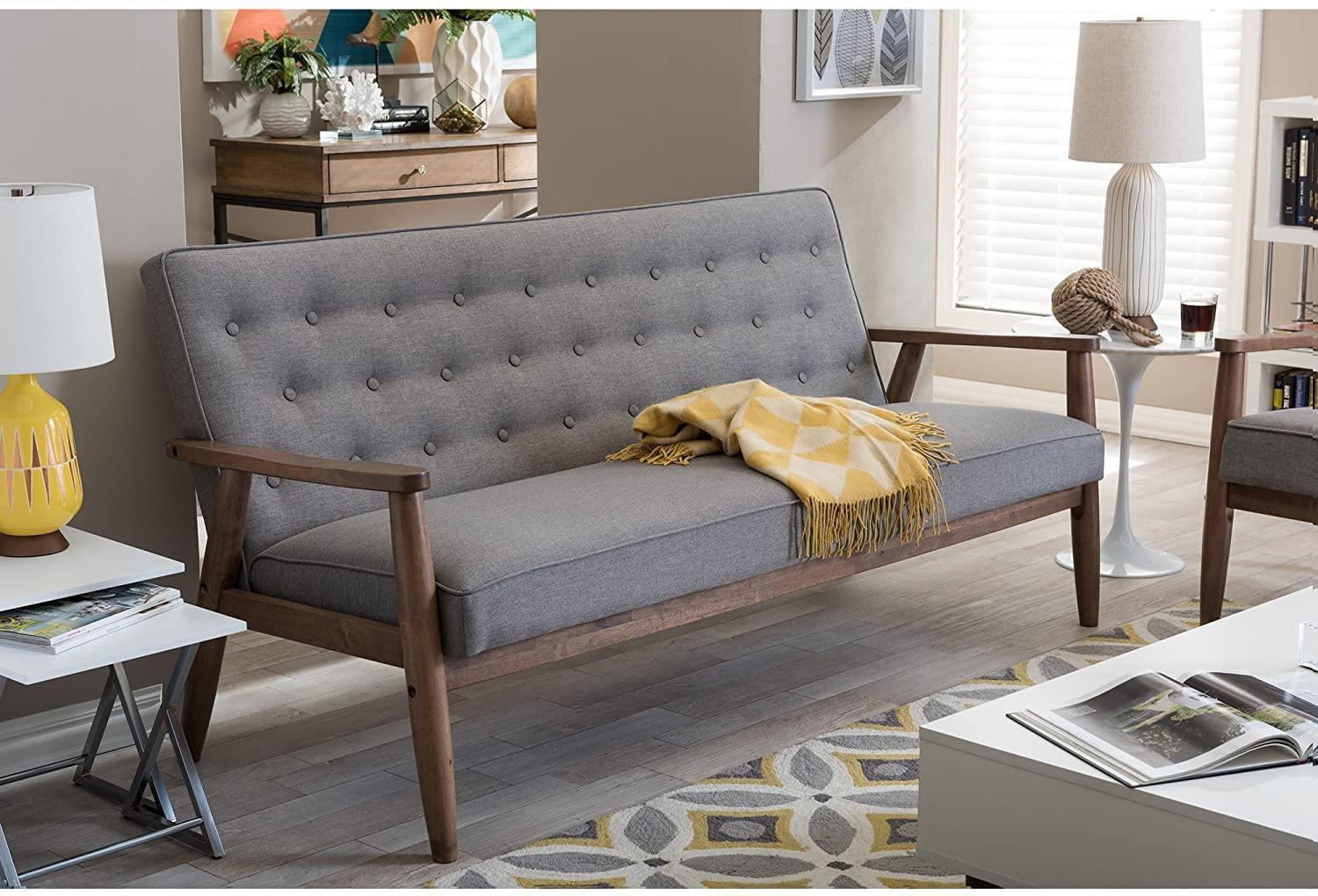 Baxton Studio Sorrento Mid-Century Retro Modern Fabric Upholstered Wooden 3-Seater Sofa, Grey FredCo