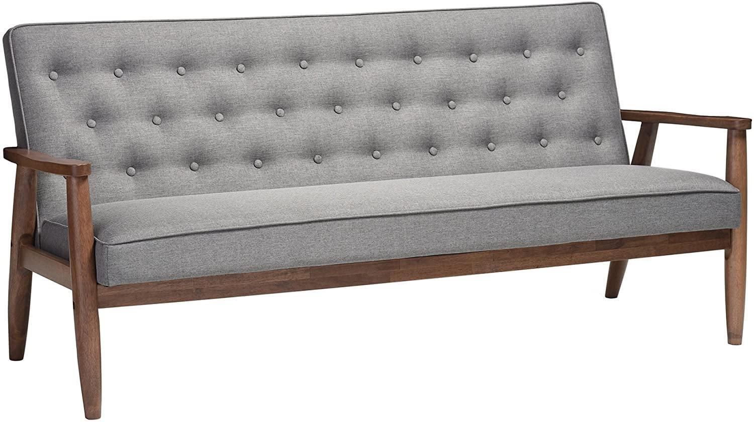 Baxton Studio Sorrento Mid-Century Retro Modern Fabric Upholstered Wooden 3-Seater Sofa, Grey FredCo