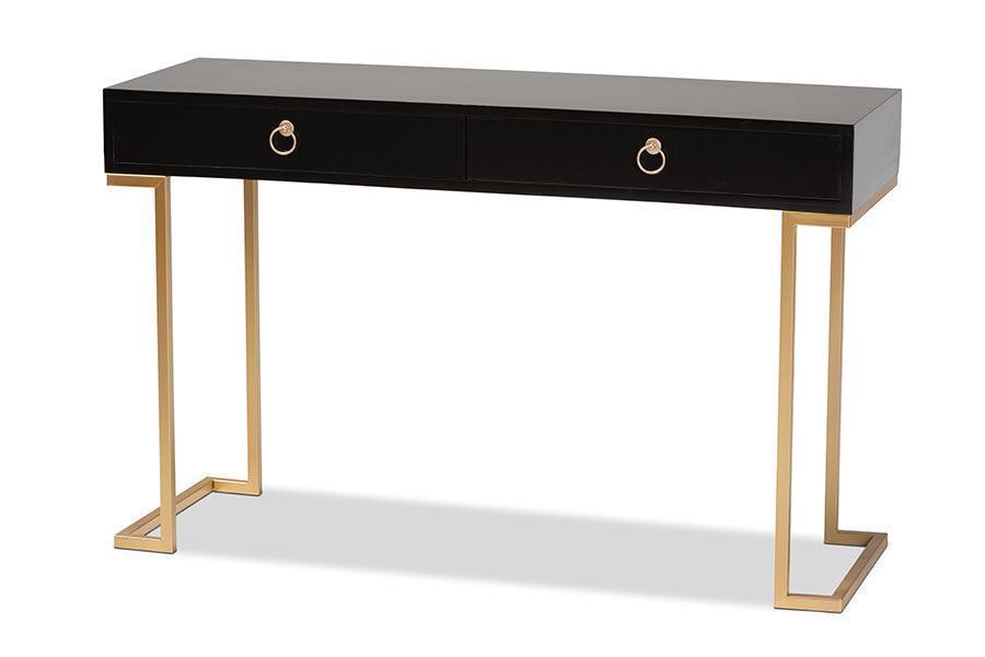 Beagan Modern and Contemporary Black Finished Wood and Gold Metal 2-Drawer Console Table FredCo