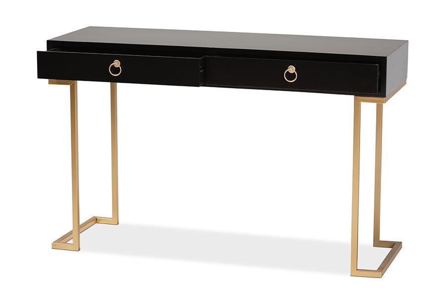 Beagan Modern and Contemporary Black Finished Wood and Gold Metal 2-Drawer Console Table FredCo
