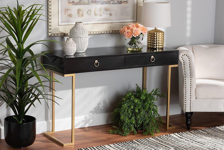 Beagan Modern and Contemporary Black Finished Wood and Gold Metal 2-Drawer Console Table FredCo
