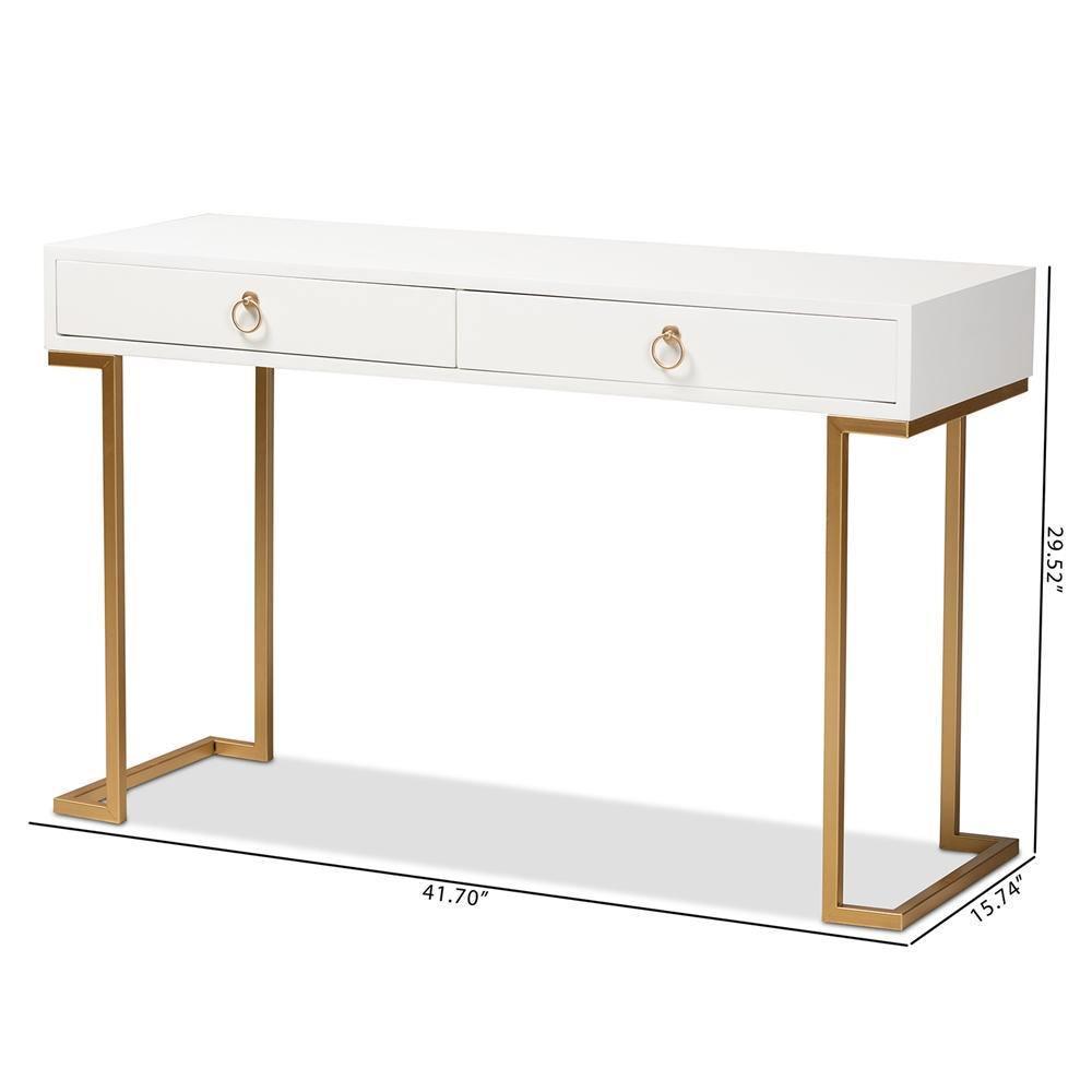 Beagan Modern and Contemporary White Finished Wood and Gold Metal 2-Drawer Console Table FredCo