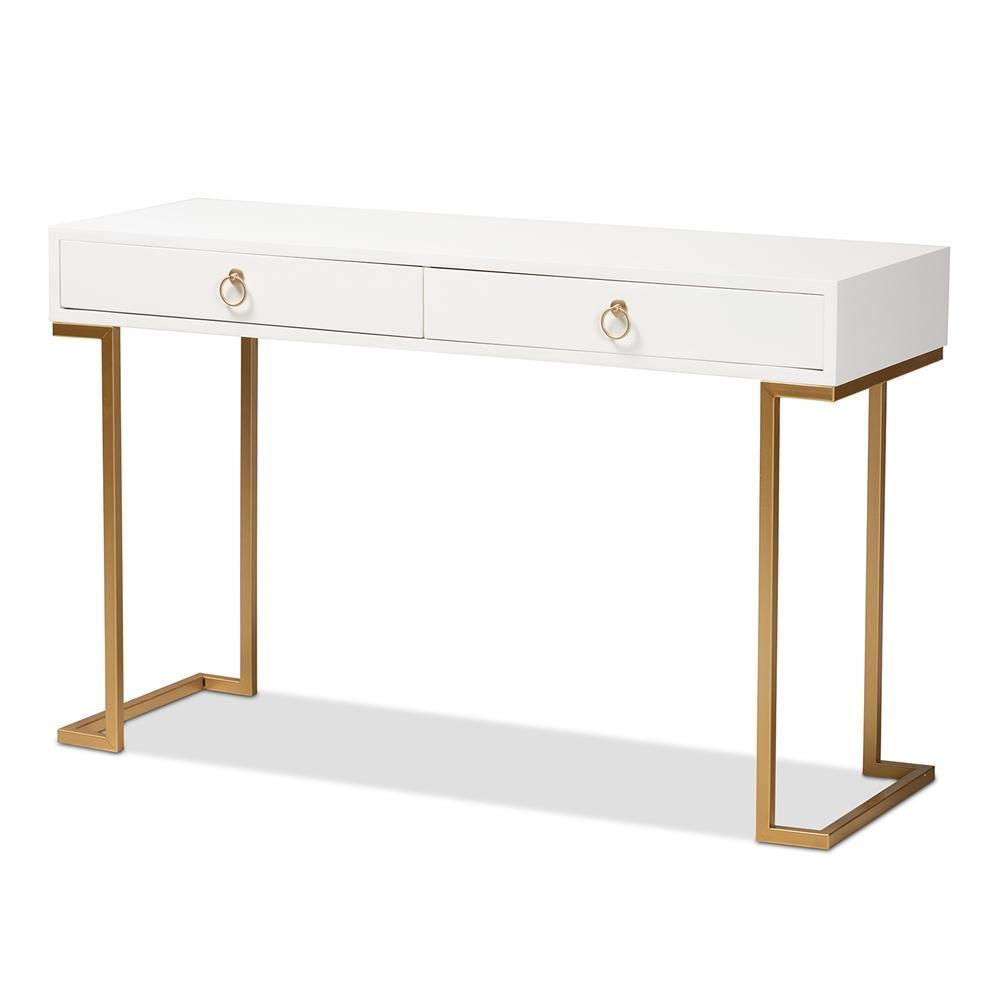 Beagan Modern and Contemporary White Finished Wood and Gold Metal 2-Drawer Console Table FredCo