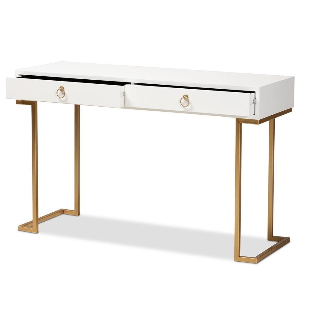 Beagan Modern and Contemporary White Finished Wood and Gold Metal 2-Drawer Console Table FredCo
