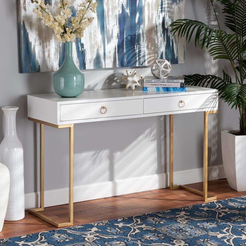 Beagan Modern and Contemporary White Finished Wood and Gold Metal 2-Drawer Console Table FredCo