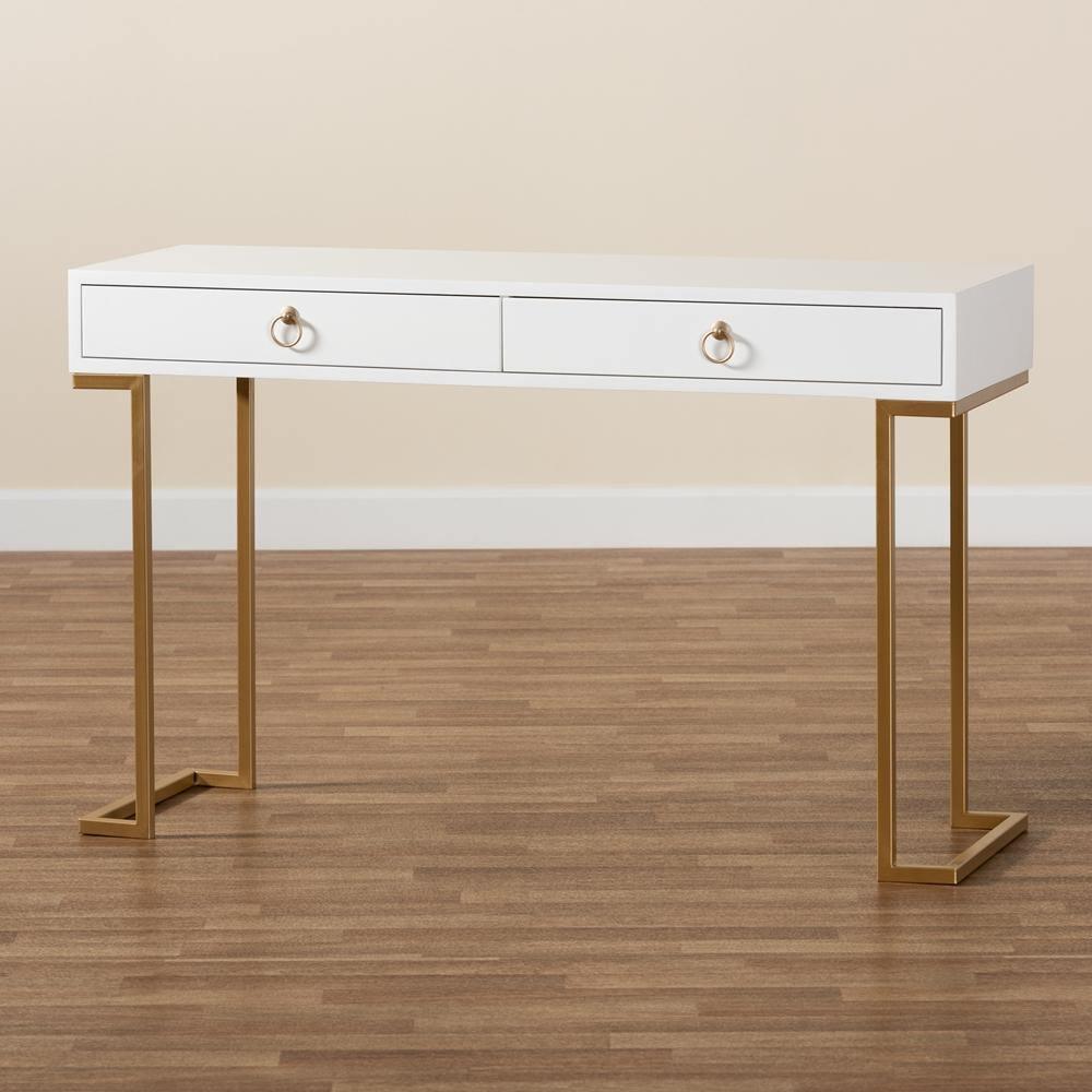 Beagan Modern and Contemporary White Finished Wood and Gold Metal 2-Drawer Console Table FredCo
