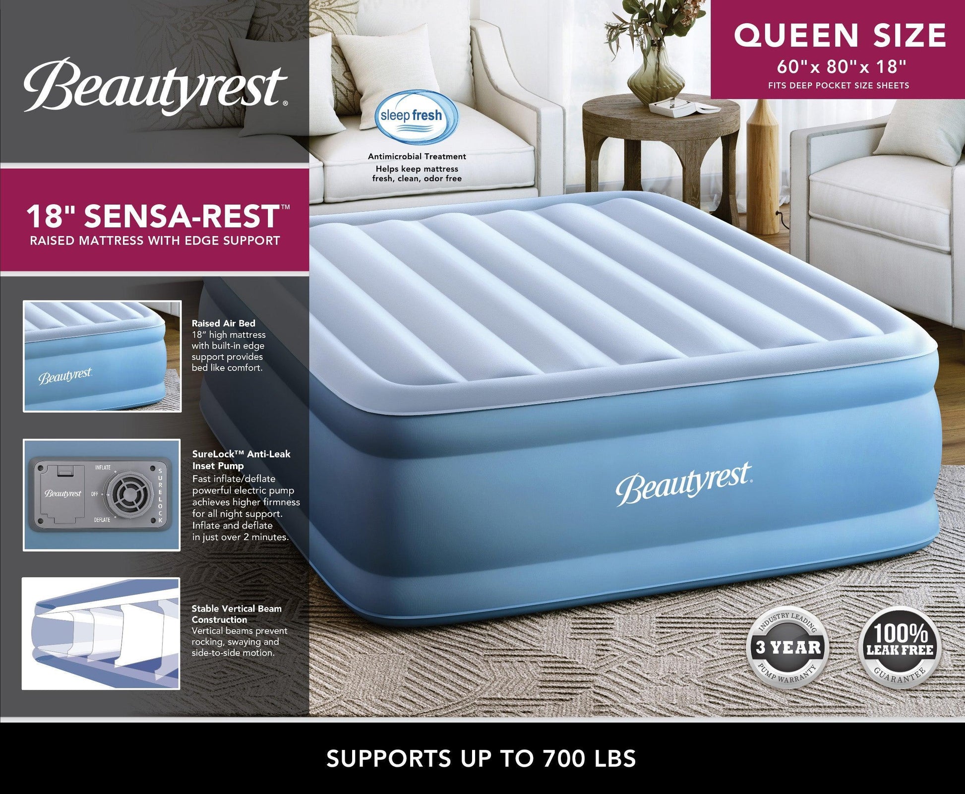 Beautyrest Sensarest 18" Queen Air Mattress with Inset Pump FredCo