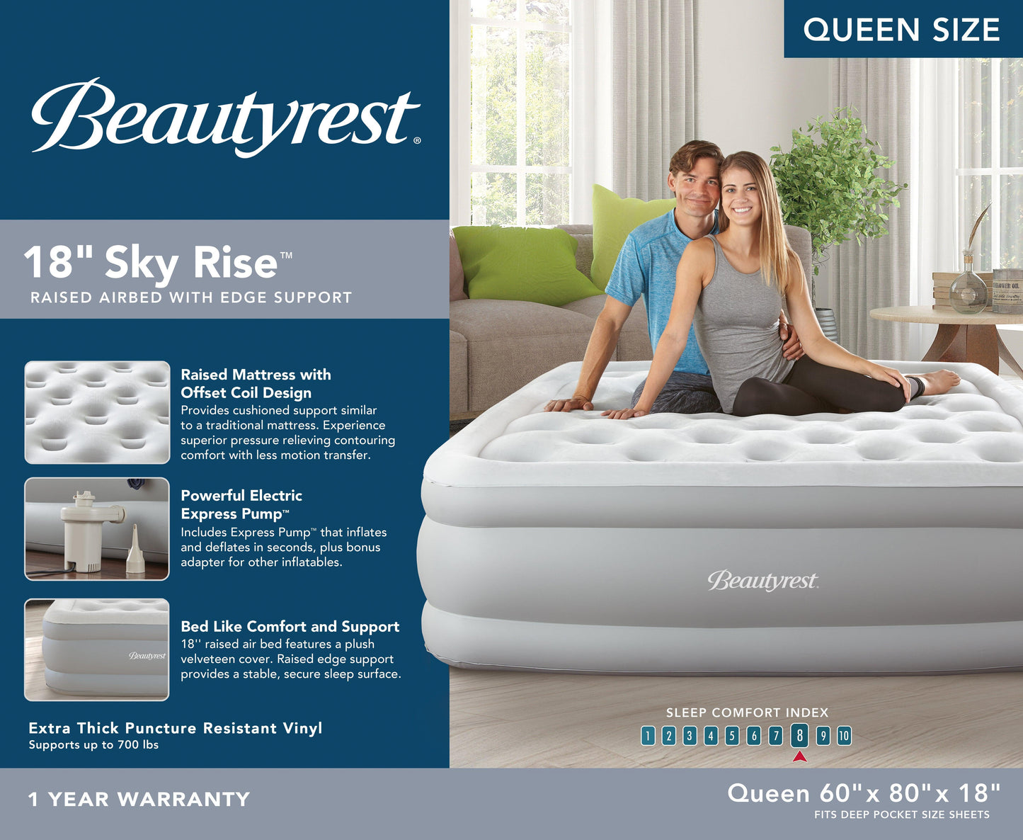 Beautyrest Sky Rise 18" Queen Air Mattress with A/C Pump FredCo