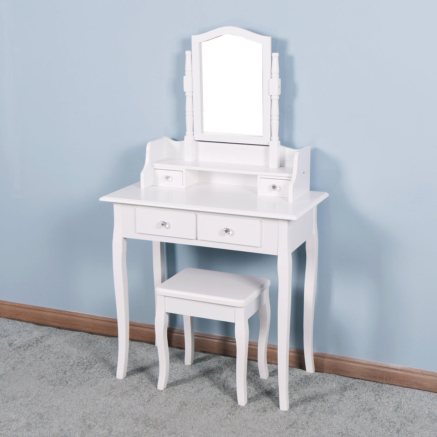 Bedroom Vanity Set with Mirror and 2 Drawers Wooden Makeup Table with Wooden Stool FredCo