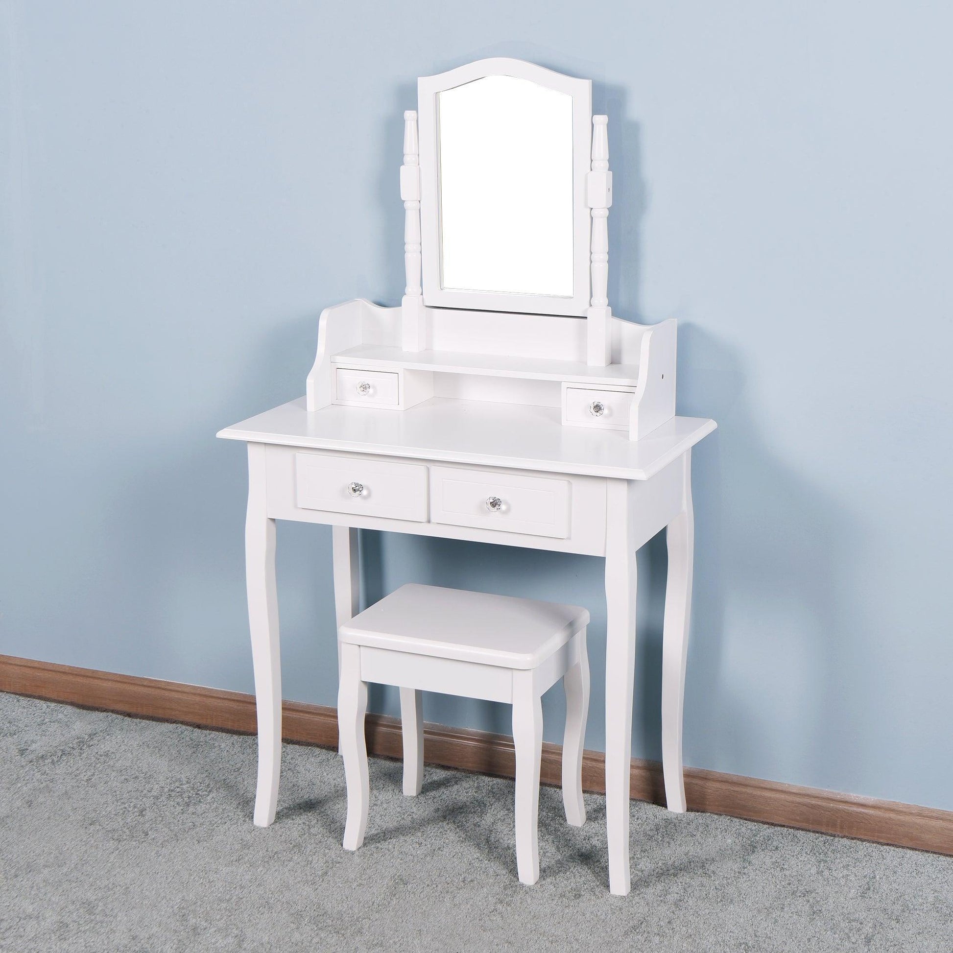Bedroom Vanity Set with Mirror and 2 Drawers Wooden Makeup Table with Wooden Stool FredCo