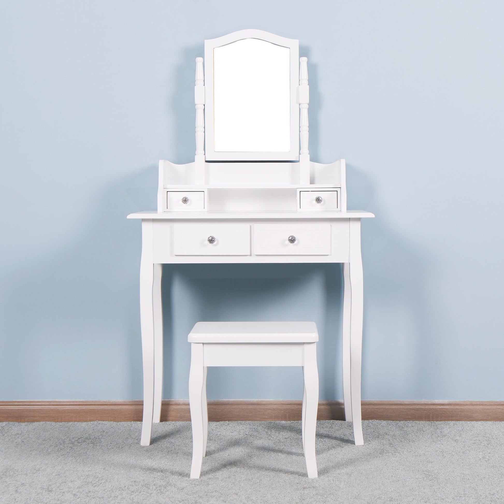 Bedroom Vanity Set with Mirror and 2 Drawers Wooden Makeup Table with Wooden Stool FredCo