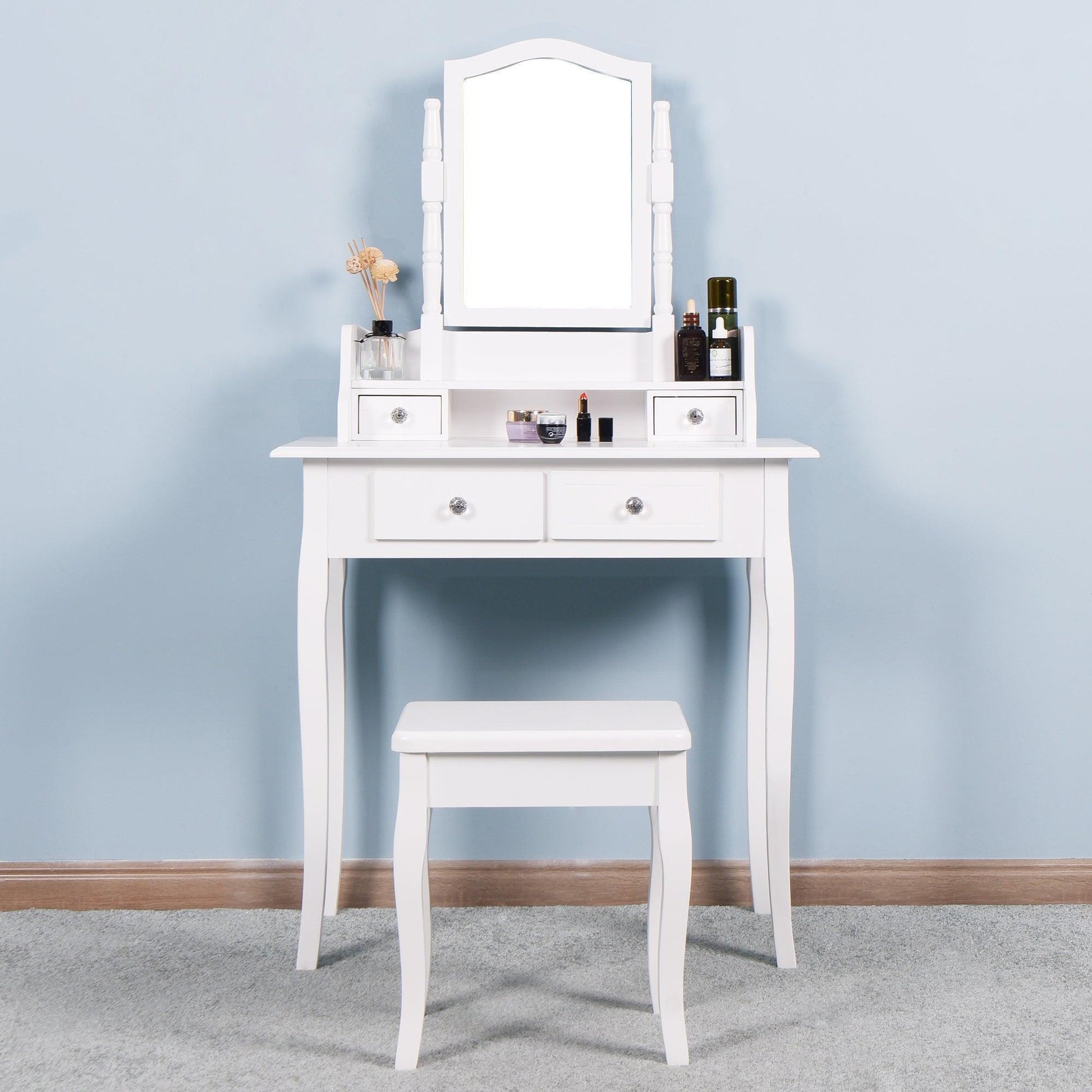 Bedroom Vanity Set with Mirror and 2 Drawers Wooden Makeup Table with Wooden Stool FredCo