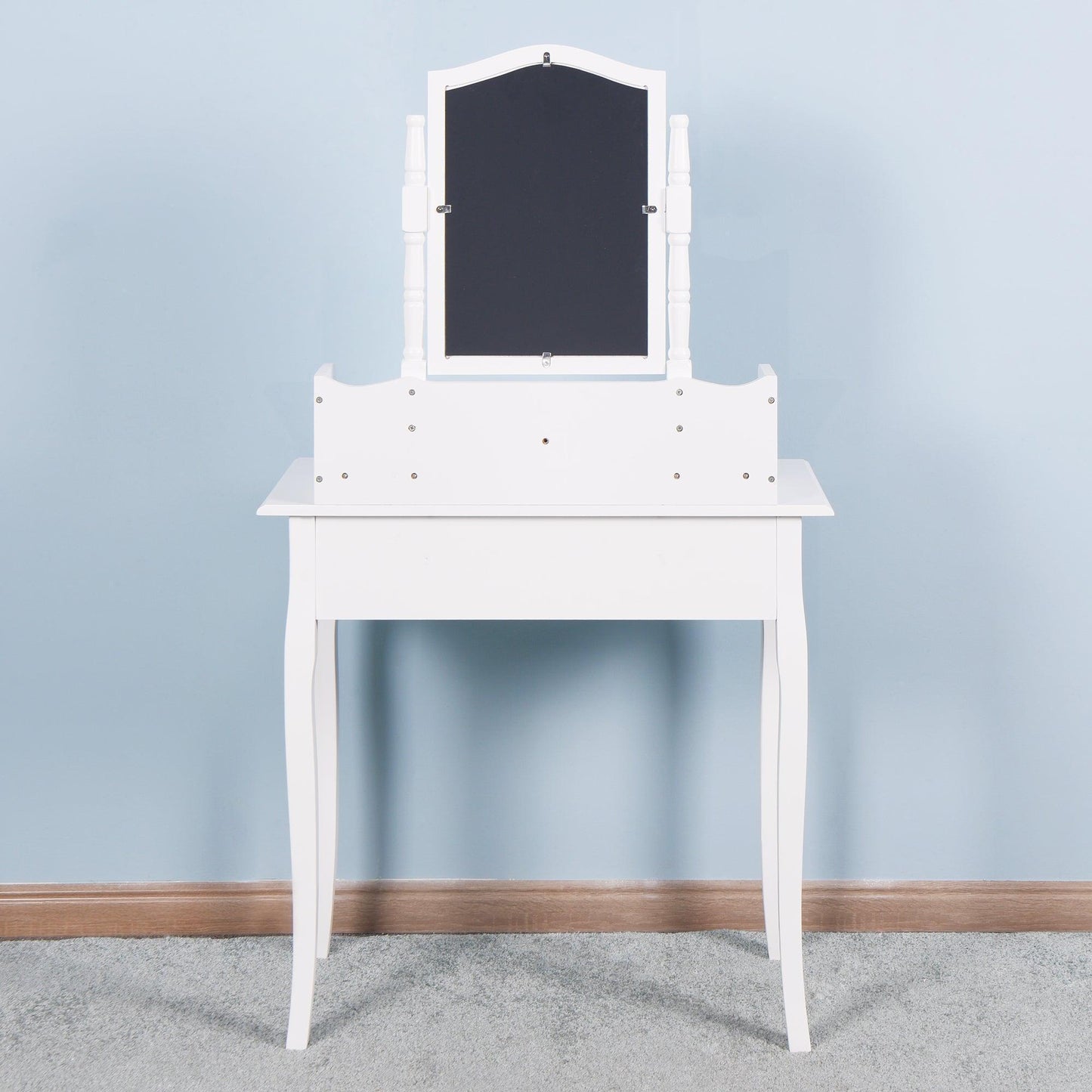 Bedroom Vanity Set with Mirror and 2 Drawers Wooden Makeup Table with Wooden Stool FredCo
