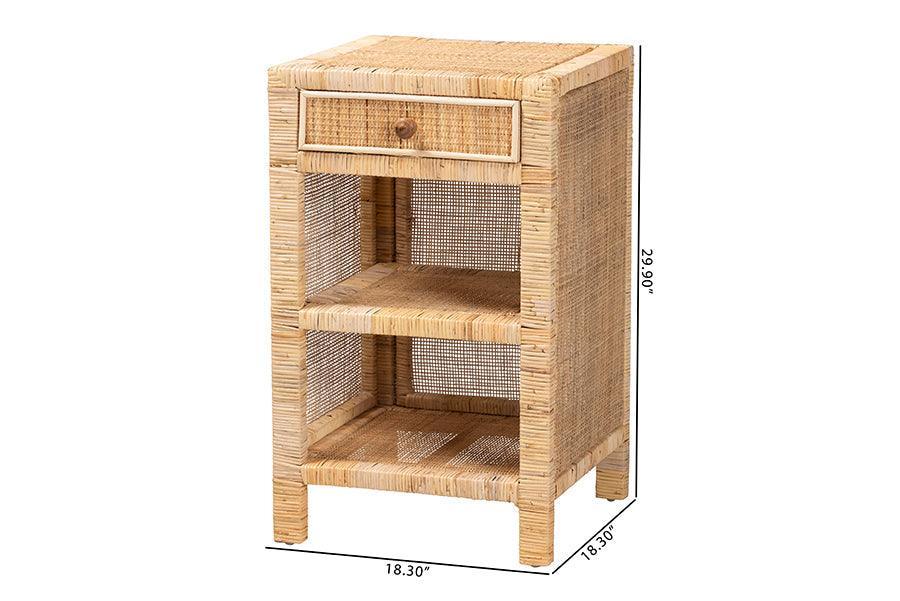 Bella Modern Bohemian Natural Brown Mahogany Wood and Natural Rattan 1-Drawer Nightstand FredCo