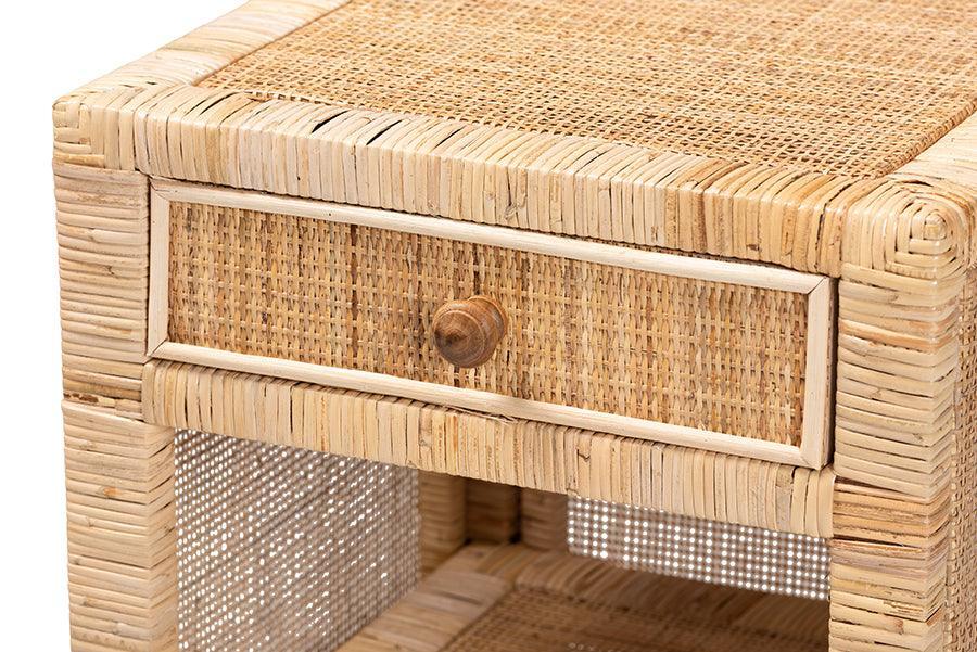 Bella Modern Bohemian Natural Brown Mahogany Wood and Natural Rattan 1-Drawer Nightstand FredCo