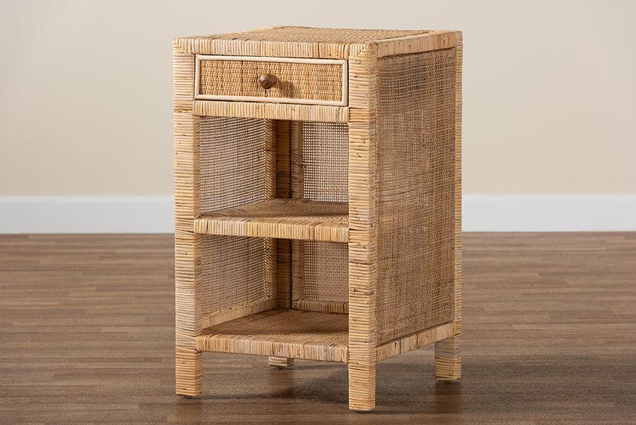 Bella Modern Bohemian Natural Brown Mahogany Wood and Natural Rattan 1-Drawer Nightstand FredCo