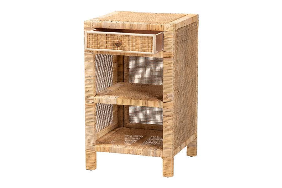 Bella Modern Bohemian Natural Brown Mahogany Wood and Natural Rattan 1-Drawer Nightstand FredCo