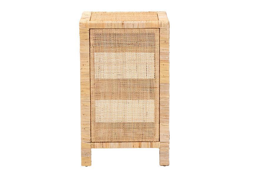 Bella Modern Bohemian Natural Brown Mahogany Wood and Natural Rattan 1-Drawer Nightstand FredCo