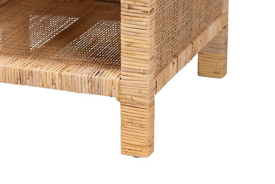 Bella Modern Bohemian Natural Brown Mahogany Wood and Natural Rattan 1-Drawer Nightstand FredCo