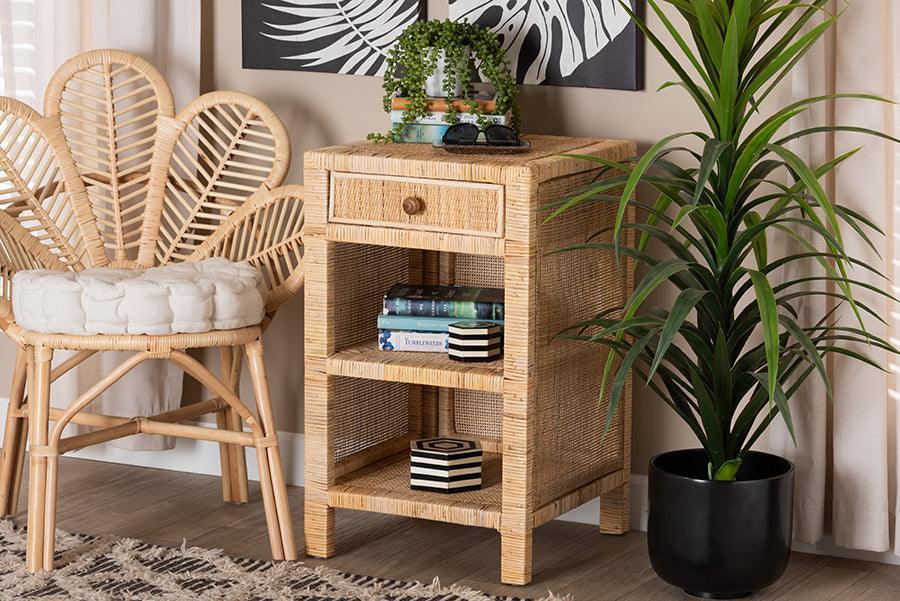 Bella Modern Bohemian Natural Brown Mahogany Wood and Natural Rattan 1-Drawer Nightstand FredCo