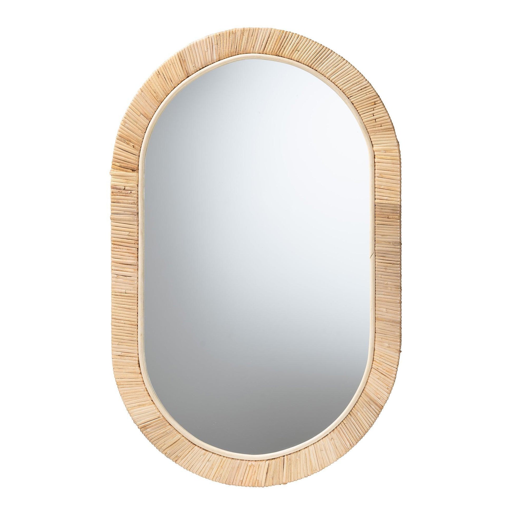 Bella Modern Bohemian Natural Brown Mahognay Wood and Natural Rattan Oval Mirror FredCo