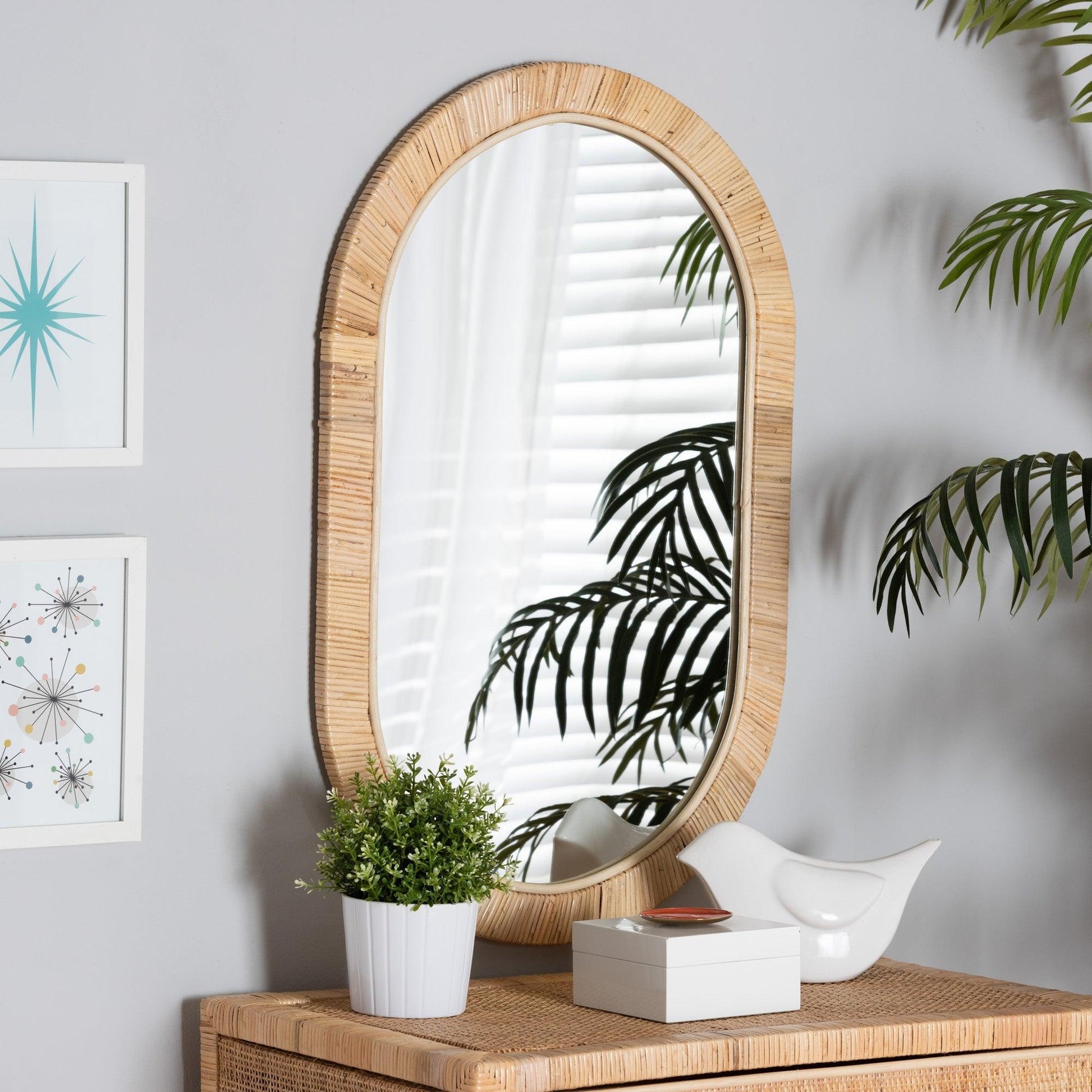 Bella Modern Bohemian Natural Brown Mahognay Wood and Natural Rattan Oval Mirror FredCo