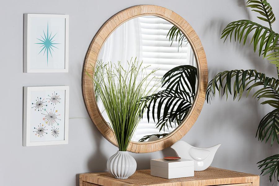 Bella Modern Bohemian Natural Brown Mahognay Wood and Natural Rattan Round Mirror FredCo