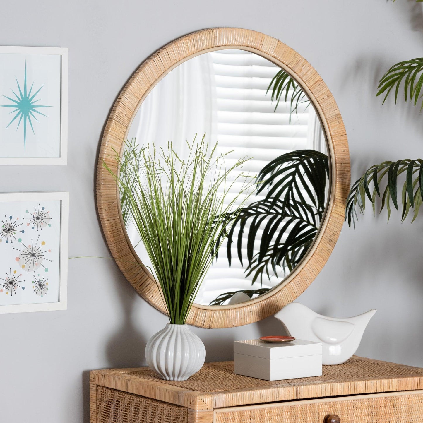 Bella Modern Bohemian Natural Brown Mahognay Wood and Natural Rattan Round Mirror FredCo